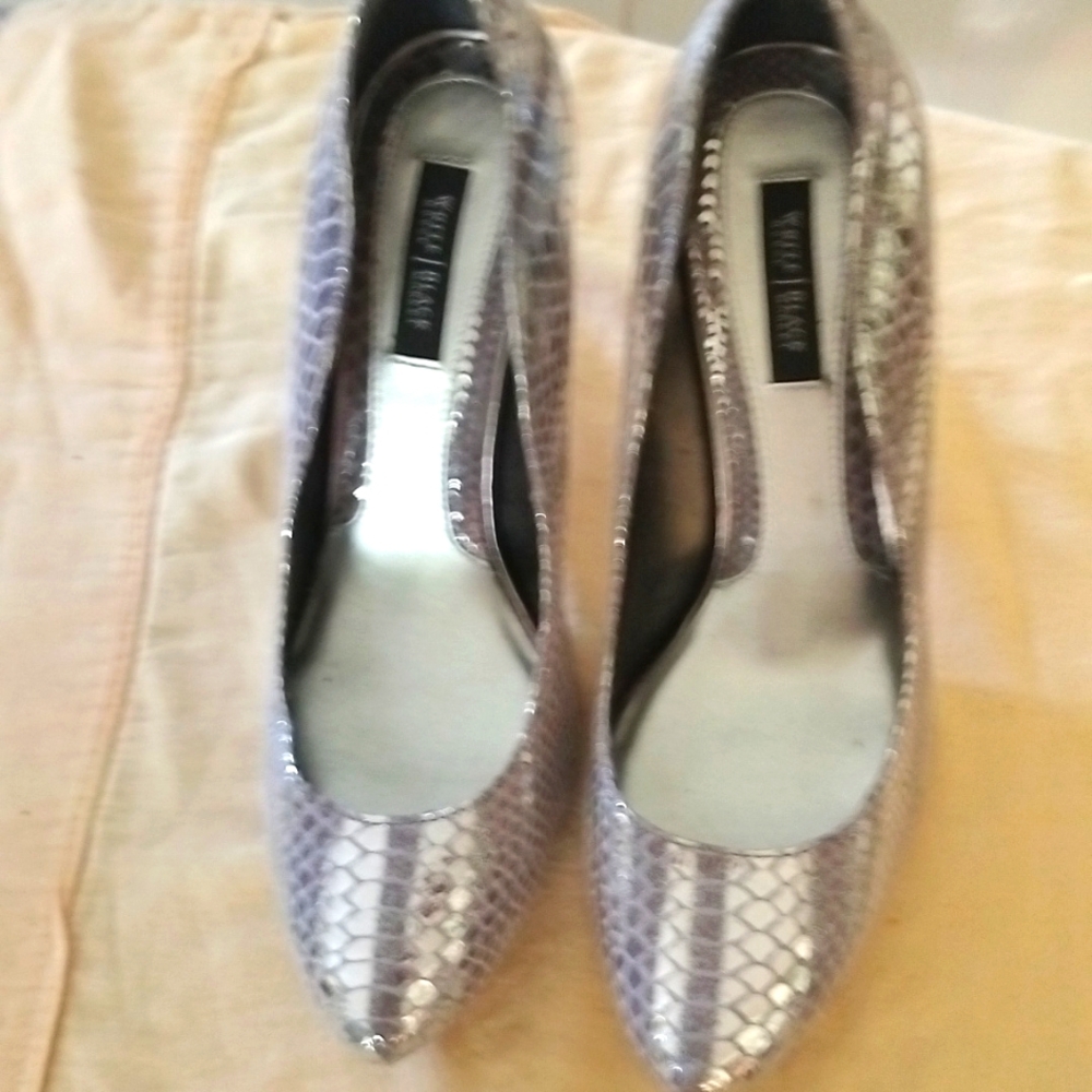 White House Black Market Silver Snakeskin Heels